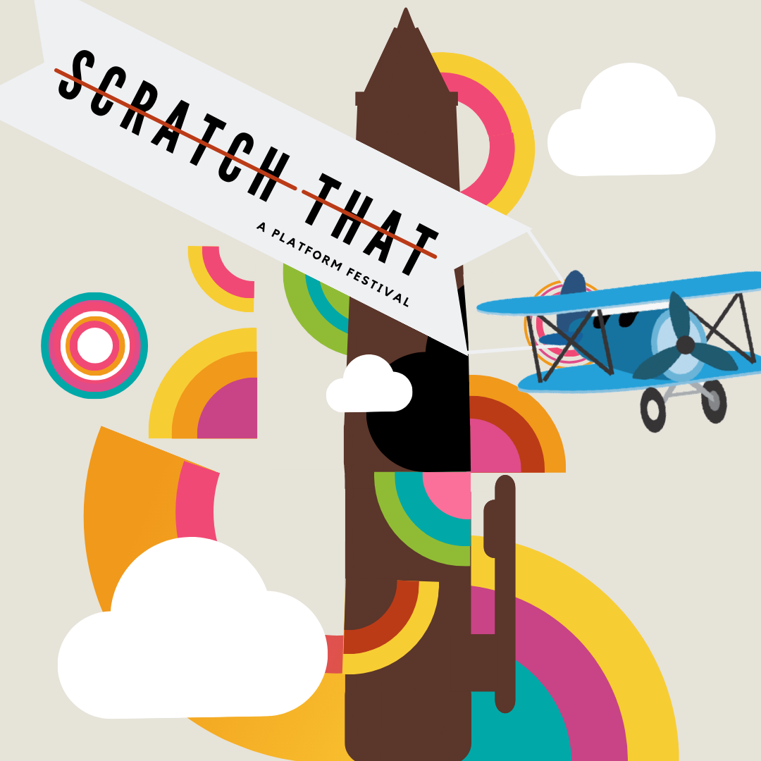 colourful Berlin 69 retro-style poster with a blue plane pulling a banner that says SCRATCH THAT: A PLATFORM FESTIVAL